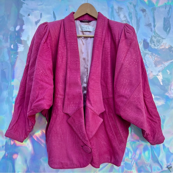80s Pink Batwing Croc Pattern Leather Jacket - Picture 1 of 9